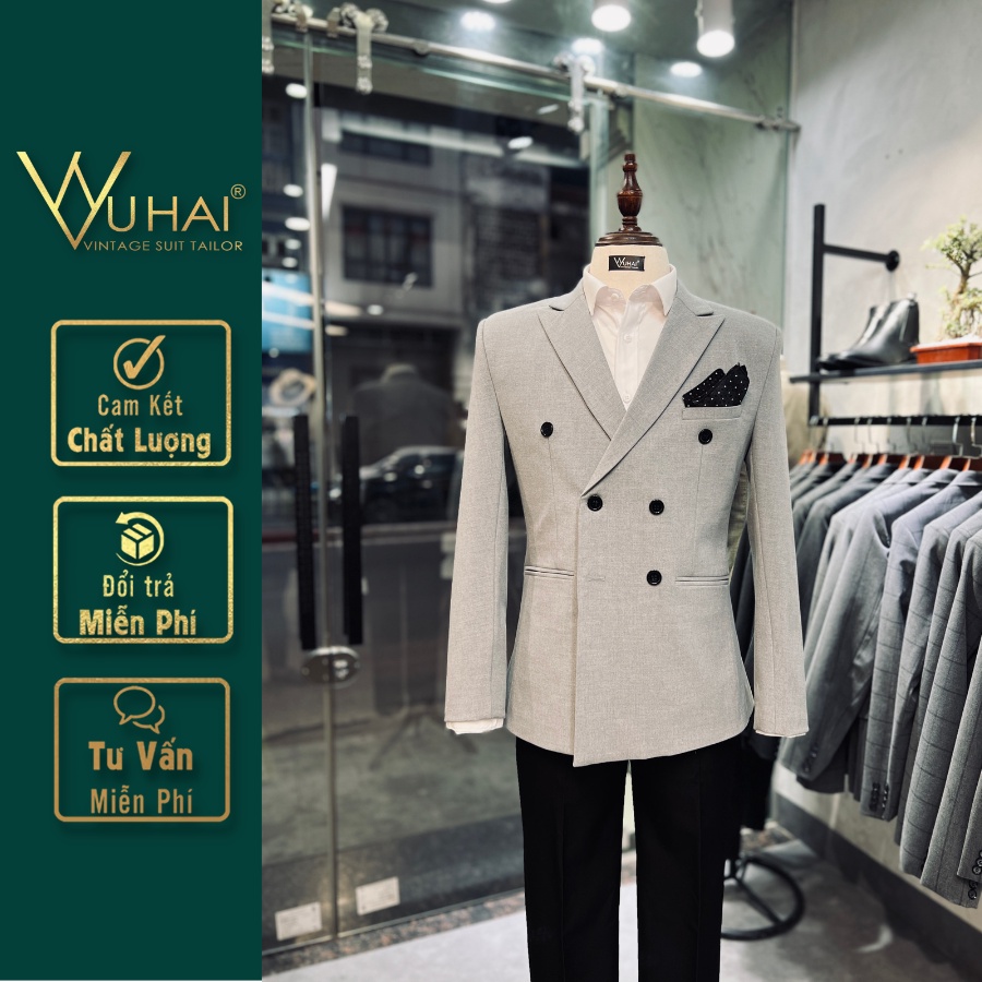 Vest Nam đẹp 6 cúc màu ghi sáng, Áo Blazer nam phong cách Hàn Quốc