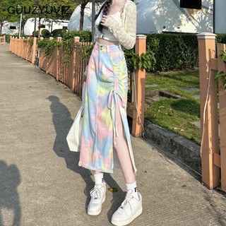  Chân Váy Denim Lưng Cao Màu Sắc Nhuộm Loang Độc Đáo Thiết Kế Dây Rút Xẻ Tà Thời Trang Cho Nữ 