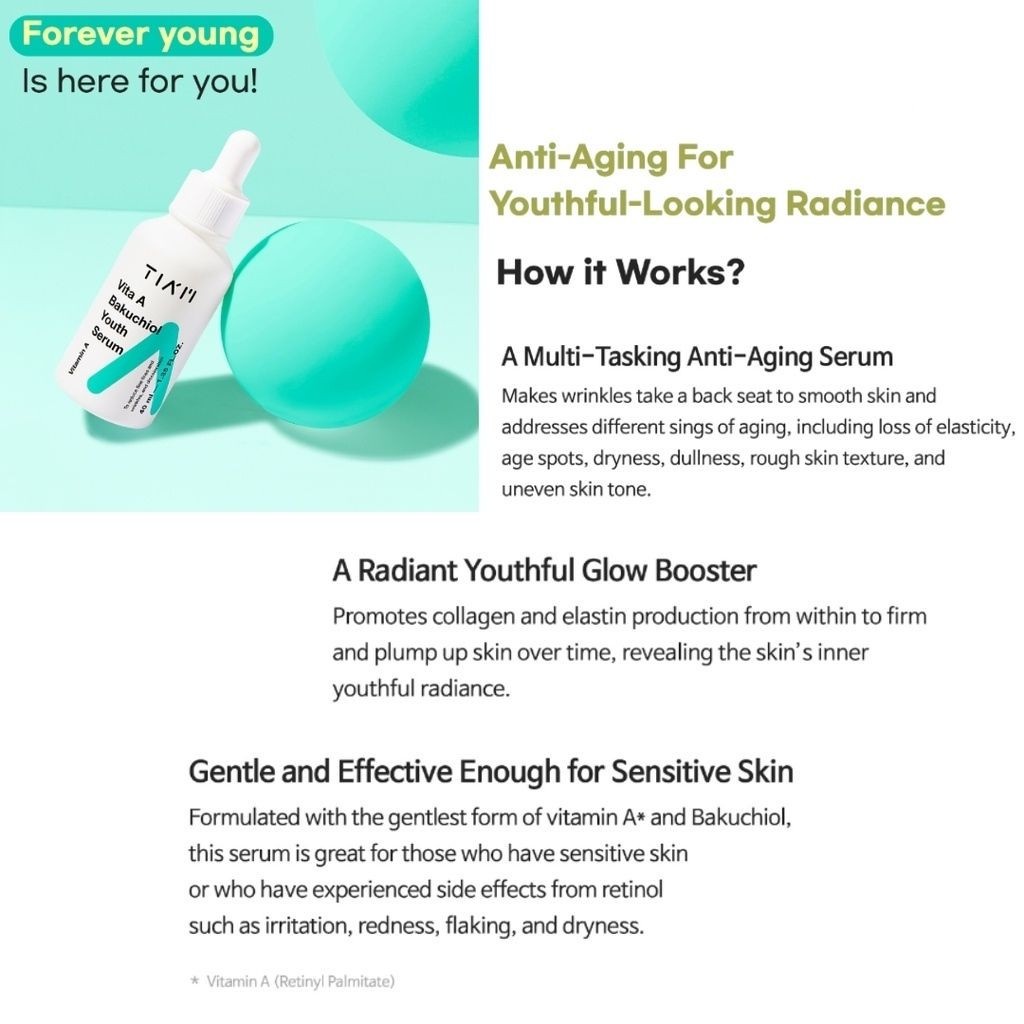 TINH CHẤT GIẢM VẾT NHĂN, NGĂN NGỪA LÃO HÓA Tiam Vita A Bakuchiol Youth Serum 10 Tinh Chất Dưỡng Ẩm, Giảm Vết Nhăn & Ngăn Ngừa Lão Hóa TIAM Vita A Bakuchiol Youth Serum 40ml | Shopee Việt Nam