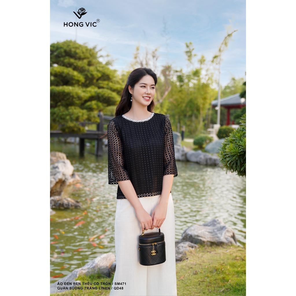 Áo đen ren nữ thiết kế Hong Vic thêu cổ tròn SM471