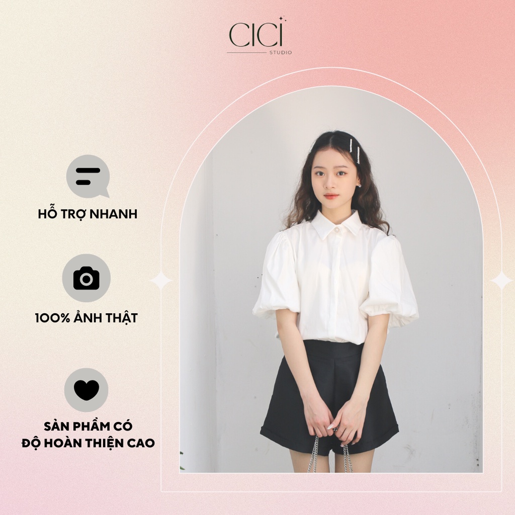 Áo Sơ Mi Tay Cộc Phồng Cổ Đính Ngọc Tiểu Thư Cecilia