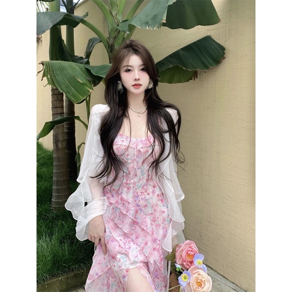 Set váy 2 dây hồng pastel áo choàng chiết eo xẻ đùi hở lưng siu sexy nữ tính