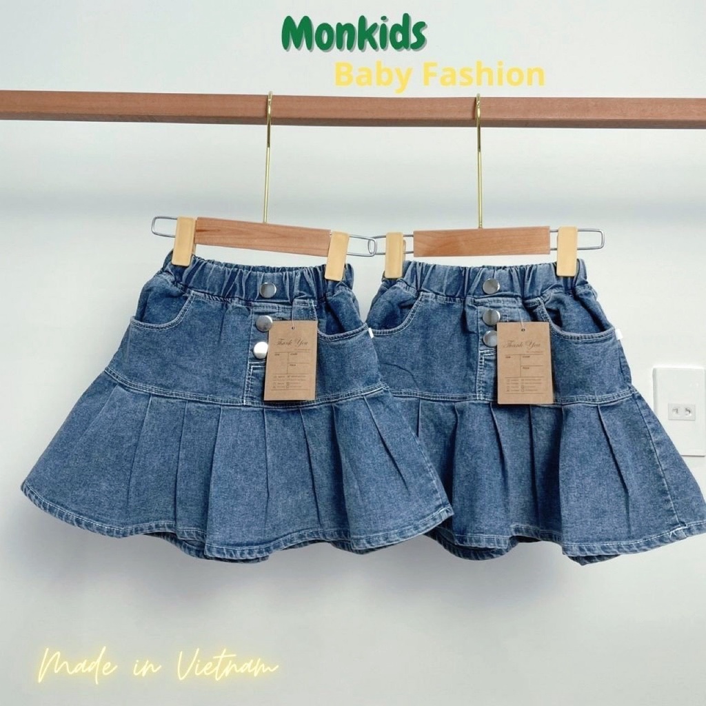 Chân váy cho bé gái, chan vay jean be gai, chân váy trẻ em Monkids xếp ly thời trang
