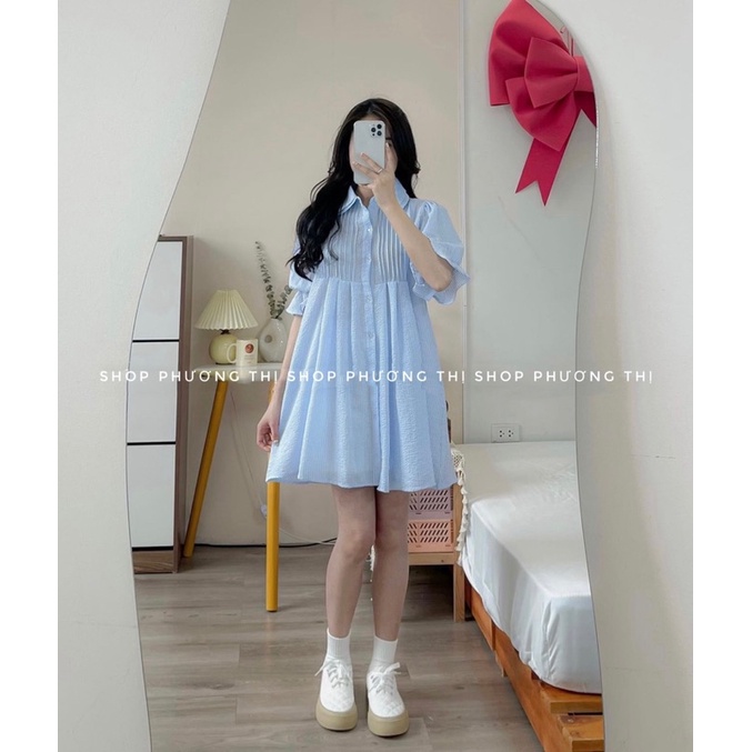 ÁO VÁY BABYDOLL KẺ XANH CỔ BÈO TẦNG (hàng sẵn)