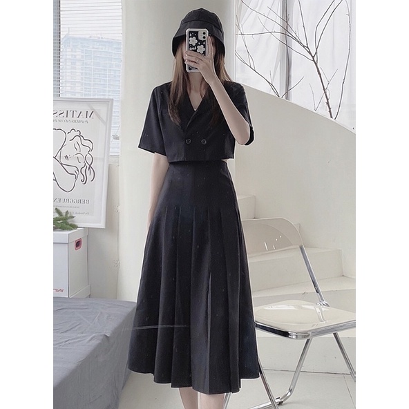 Chân váy xếp ly Hàn dáng dài chân váy midi dạo phố