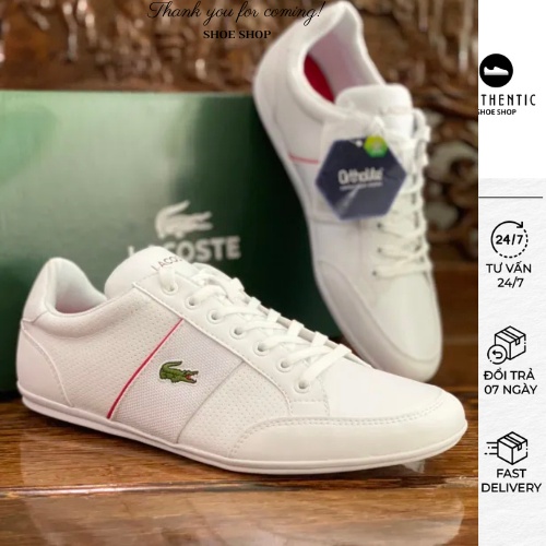 Giày Lacoste Chính Hãng Màu Trắng Sọc Đỏ Full Box ( Free Ship+Vớ )