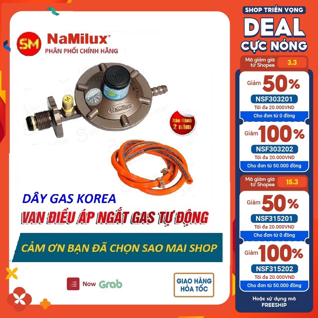 Van gas ngắt tự động Namilux và 1,5m Dây gas 3 lớp Lõi sợi thép Hàn Quốc - Tặng 2 cổ dê đai xiết ốc