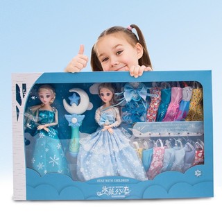 Bộ hai búp bê xanh, Búp bê đồ chơi cho bé gái, búp bê tóc mây, búp bê thay váy, búp bê elsa, búp bê phép thuật cỡ lớn