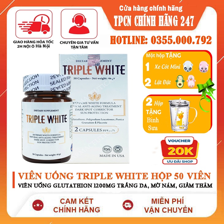 VIÊN UỐNG TRẮNG DA TRIPLE WHITE - VIÊN UỐNG GLUTATHION 1200MG ,TRẮNG DA, MỜ NÁM, GIẢM THÂM NHANH CHÓNG
