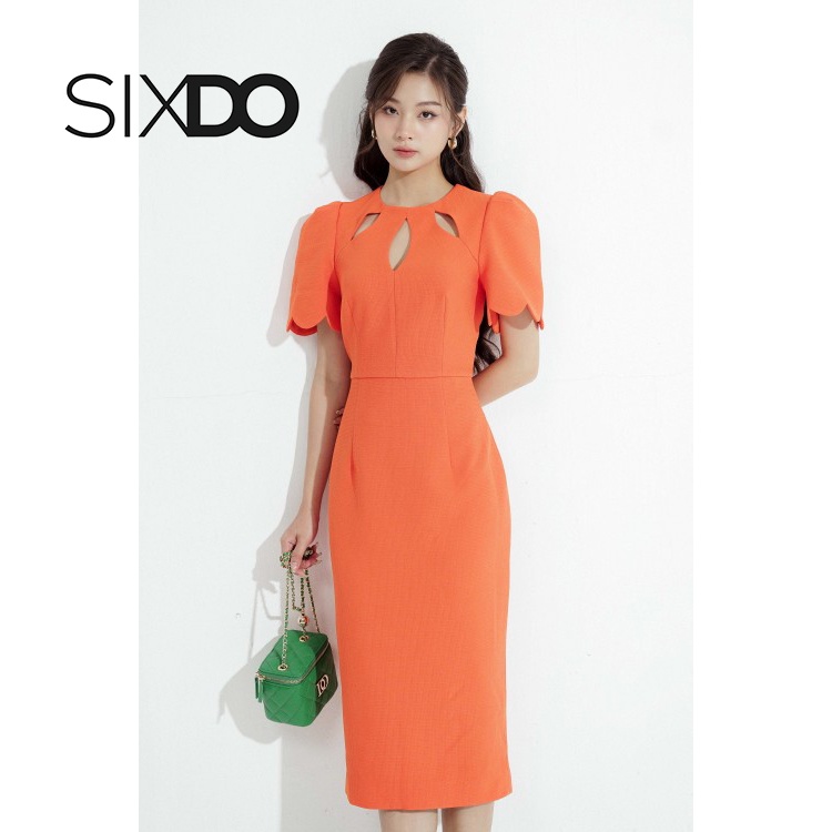 Đầm midi cổ khoét cánh hoa thời trang SIXDO (Orange Keyhole Neckline Midi Raw Dress)
