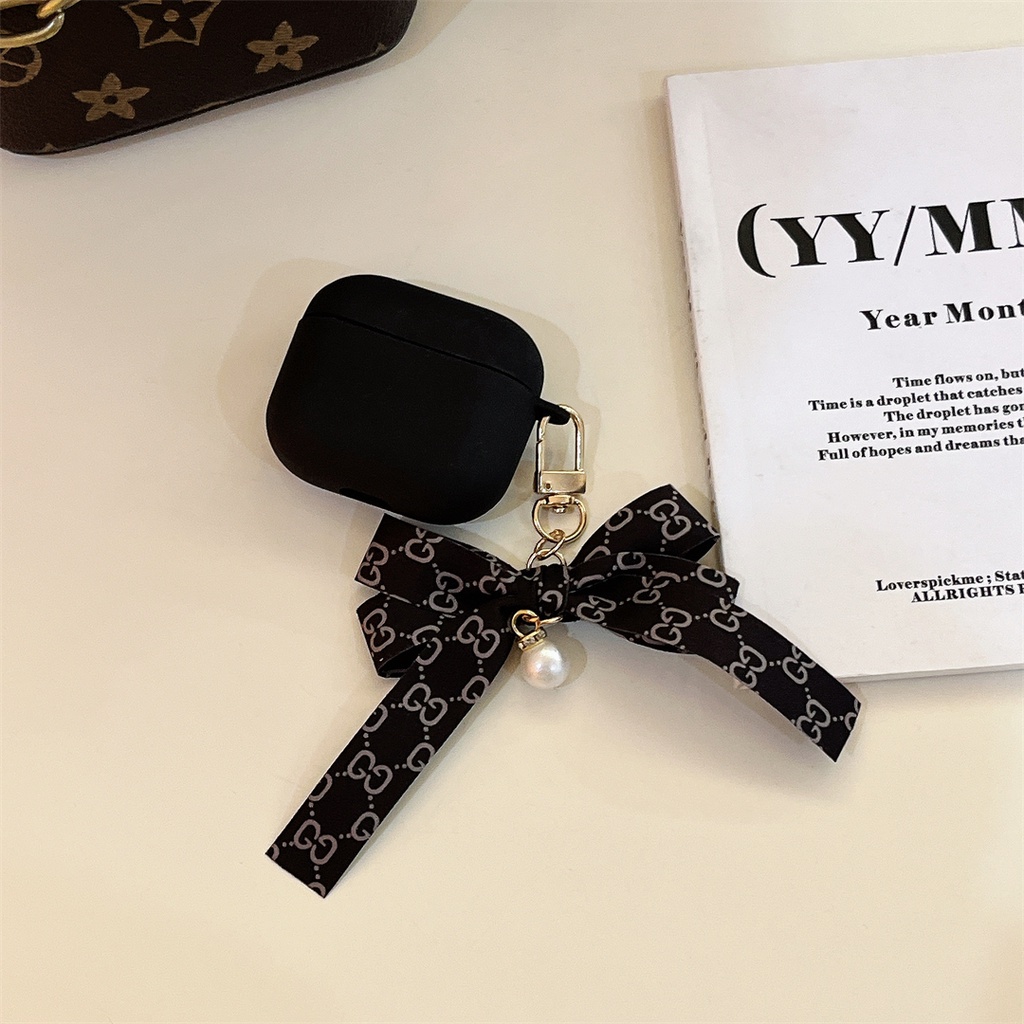 Vỏ Bảo Vệ Hộp Sạc Tai Nghe AirPods pro 2 pro 1 / 2 3 Hình Nơ Đính Ngọc Trai Đen Dễ Thương