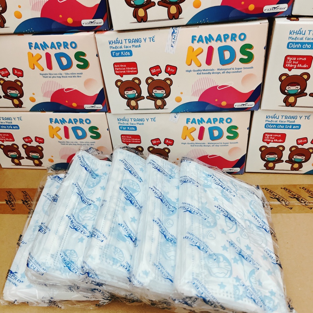 Khẩu trang y tế cho bé Famapro, khẩu trang y tế kháng khuẩn hộp 50 cái bảo vệ sức khỏe cho bé