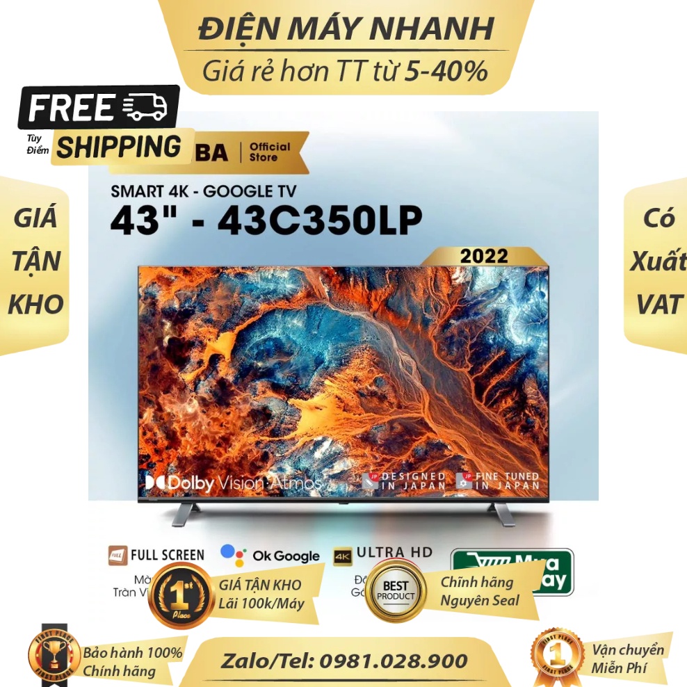 Google Tivi TOSHIBA 43 inch 43C350LP - TV màn hình LED 4K tràn viền siêu mỏng 4K - BH 2 năm Chuẩn 100%