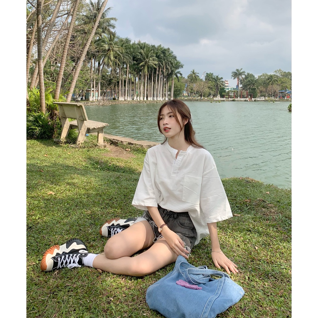 Áo sơ mi kiểu nữ, áo cổ tàu tay ngắn chất linen 3 màu sang xịn chuẩn hàn thời trang B.Y Tea Clothing