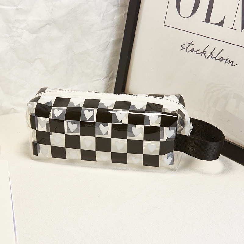 Túi Đựng Bút Chất Liệu PVC Trong Suốt Hoạ Tiết Caro Nhiều Hình Dễ Thương, Sức Chứa Lớn