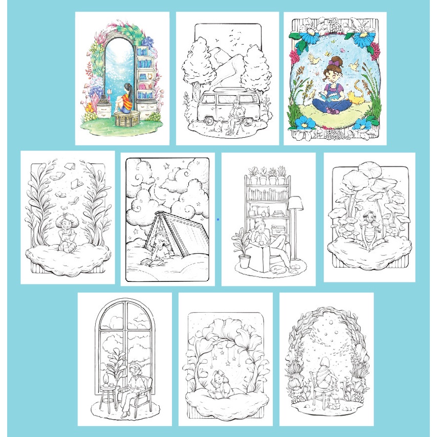 Bộ tranh tô màu nước Ggirl and book