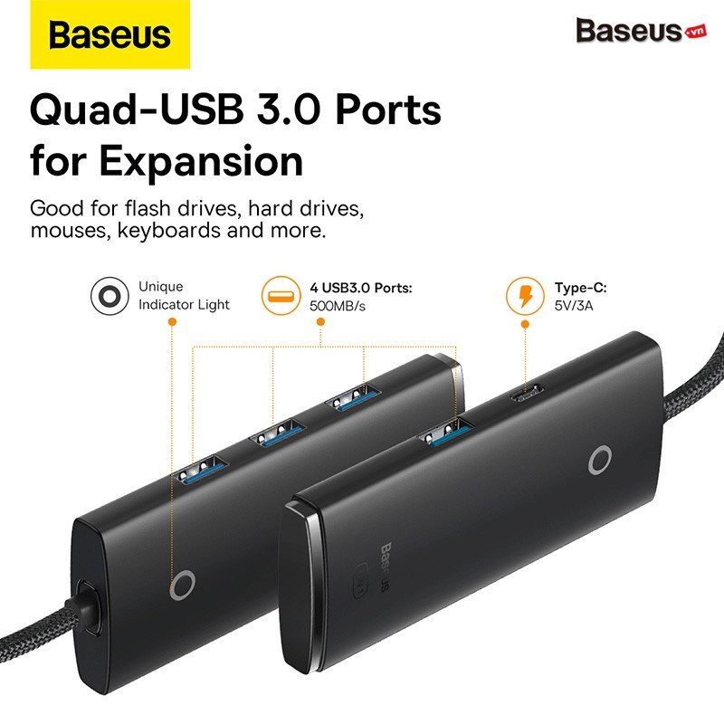 Hub Mở Rộng Kết Nối Baseus Lite Series USB/ Type C to USB 3.0 (3 port USB3.0/ 5Gbps High speed/ Docking Station)