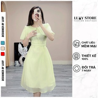 Váy Thiết Kế 2 Lớp Vải LUXY V30315 Thiết Kế Tay Bồng Phối Cúc Ngọc Sang Trọng