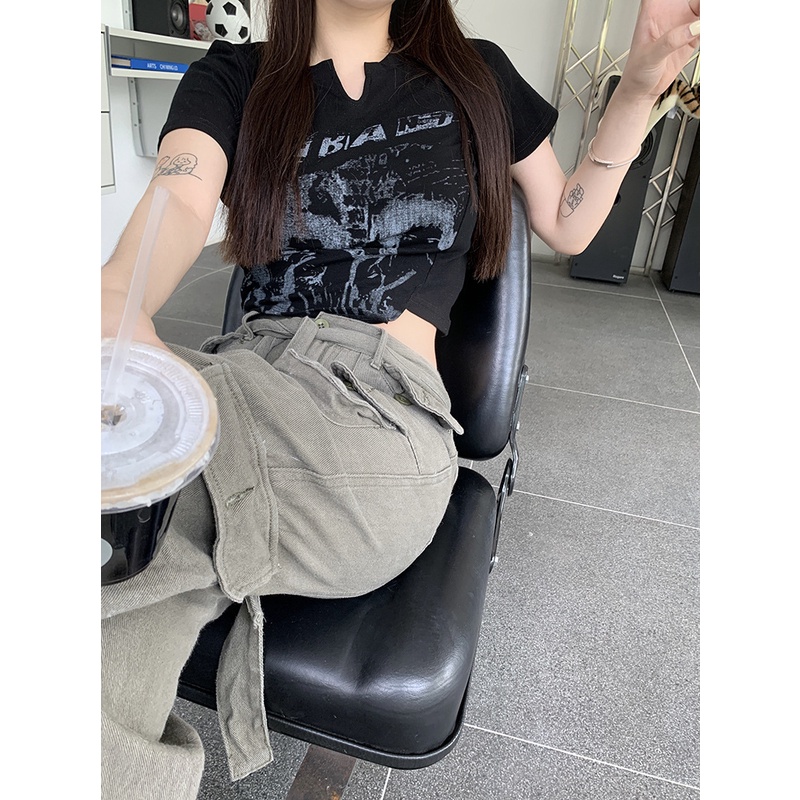 Áo Croptop Tay Ngắn In Họa Tiết Phong Cách Retro Mỹ Quyến Rũ Cho Nữ