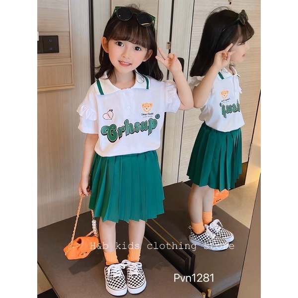 bán giá sỉ: set chân váy dập ly áo cotton viền bèo xinh xắn size 8-18kg