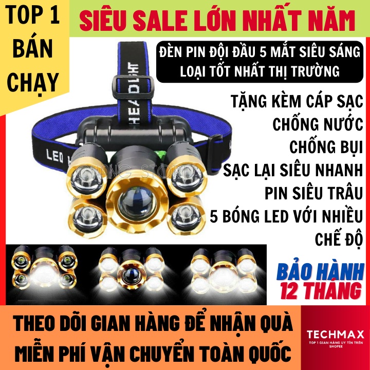 [ Bản Mới, Bóng To Hơn, Sáng Hơn ] Đèn Pin Siêu Sáng Đội Đầu 5 Mắt Chống Nước Cực Tốt