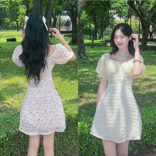 Váy Đầm Trắng Vintage Hoa Nhí Xốp Có Mút Tiểu Thư trễ vai sexy du lịch biển công sở dự tiệc ido BlackPink Hiva Cloth