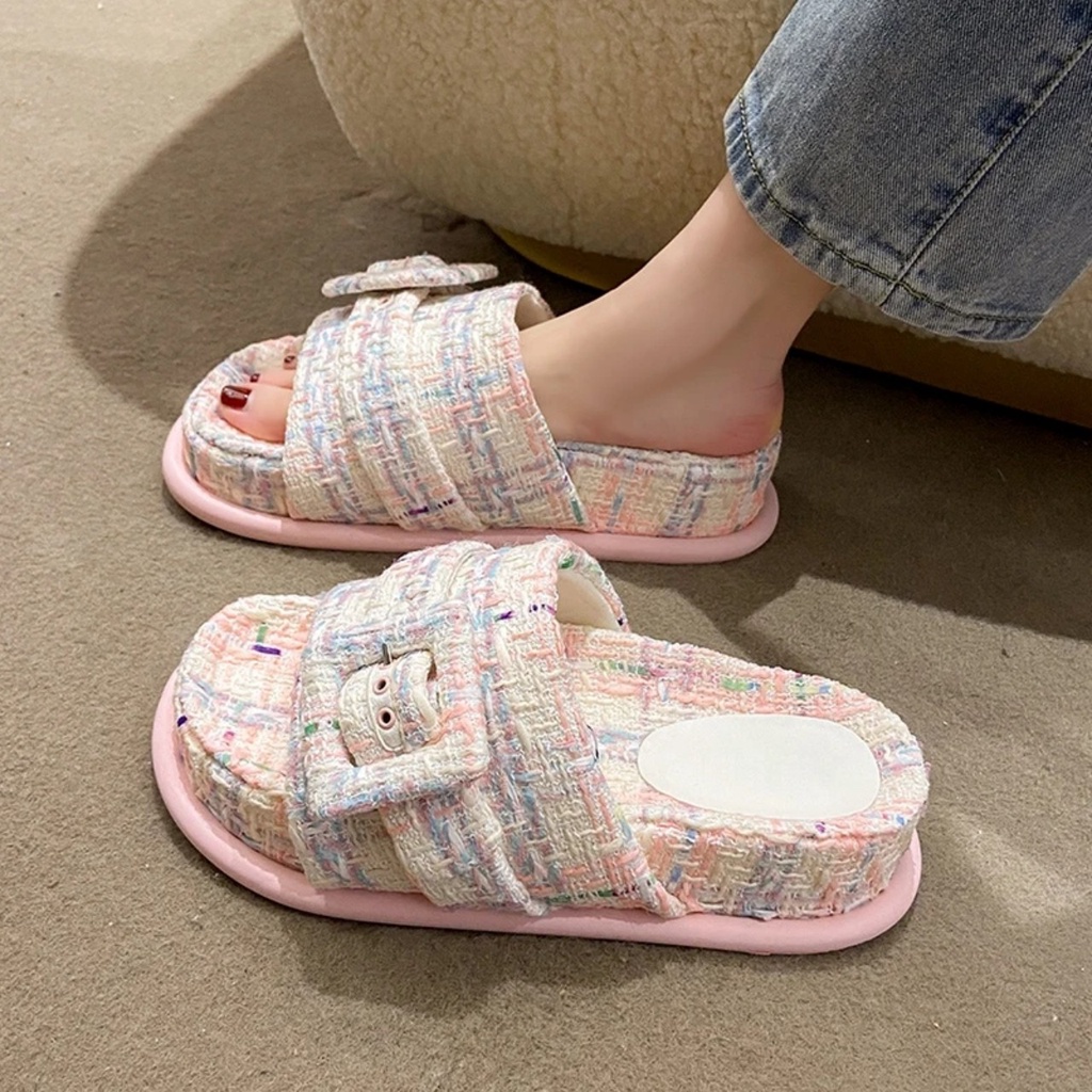 Mẫu dép Tweed bánh mì đế cao 4 cm mũi hở gót hở mix màu sắc xinh xắn cá tính dễ thương xuân hè 2023 BO SHOP