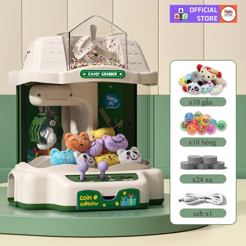 Máy Gắp Thú Bông Mini Cối Xoay Gió Dành Cho Bé Có Nhạc Và Đèn Kèm Xu Đếm Thời Gian, Có Sẵn Nhiều Thú Bông Cho Trẻ Em