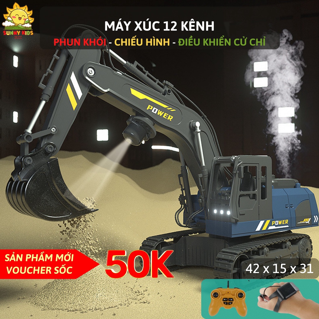 Máy xúc điều khiển từ xa cao cấp, 12 kênh, dài 42cm, phun khói, chiếu hình, điều khiển cử chỉ đeo tay - Sunny Kids