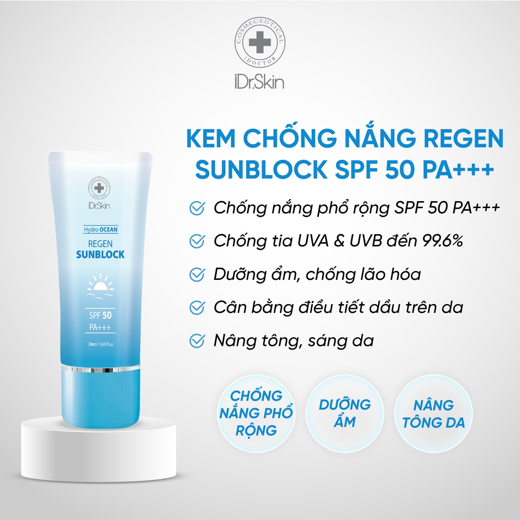 [iDr.Skin Chính Hãng] Kem chống nắng cho da mặt SPF 50 PA+++ iDr.Skin Hydro Ocean 30ml