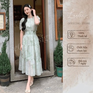 Váy hoa xanh cúc bọc LeeGi Design đính khuy dáng xòe Min5525