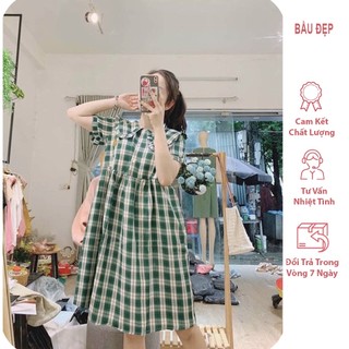 Váy bầu công sở- đầm bẩu kẻ caro tay bèo