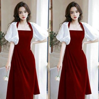 Đầm váy nữ tay phồng phối voan cực xinh họa tiết váy nhung cứng tôn dáng quý phái sang chảnh dự tiệc YADO T255