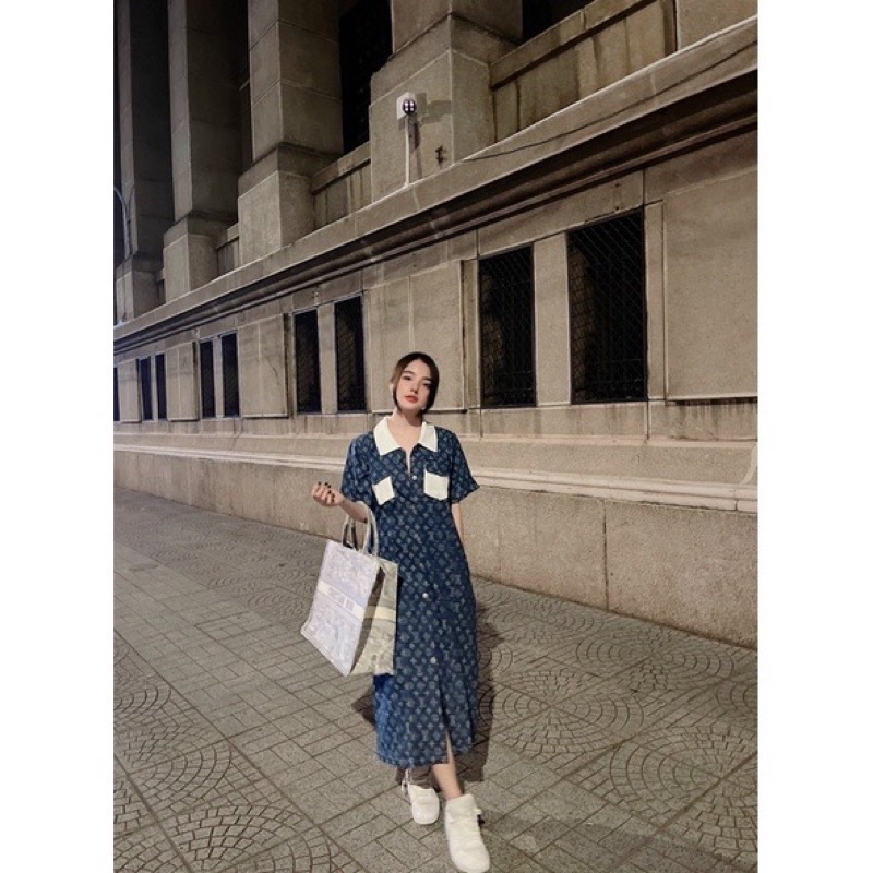 Đầm Jean Dáng Suông Phối Màu Cổ Siêu Xinh