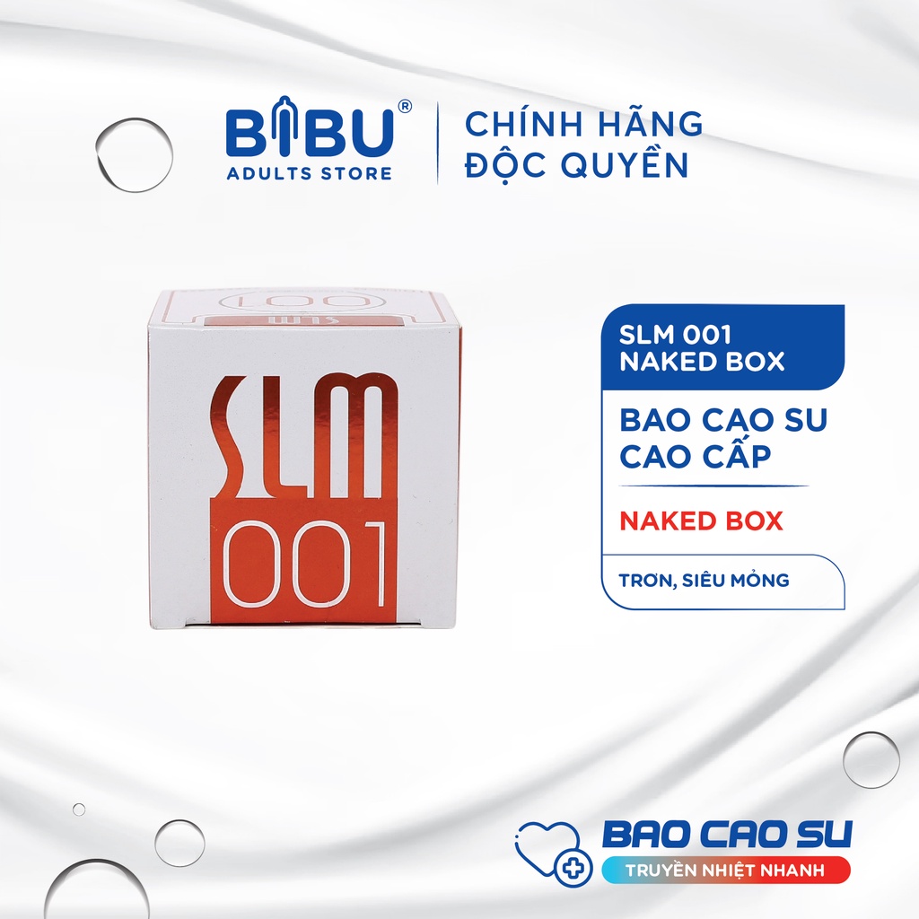 Bao cao su BIBU SLM 001 Naked Box, siêu mỏng, trơn, size 52mm, hộp 10 cái