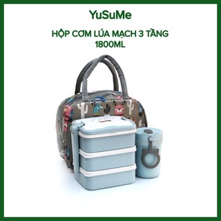 Hộp Cơm❤️FREESHIP❤️Văn Phòng Lúa Mạch 3 Tầng 1800ml Kèm Muỗng Nĩa Con Gấu