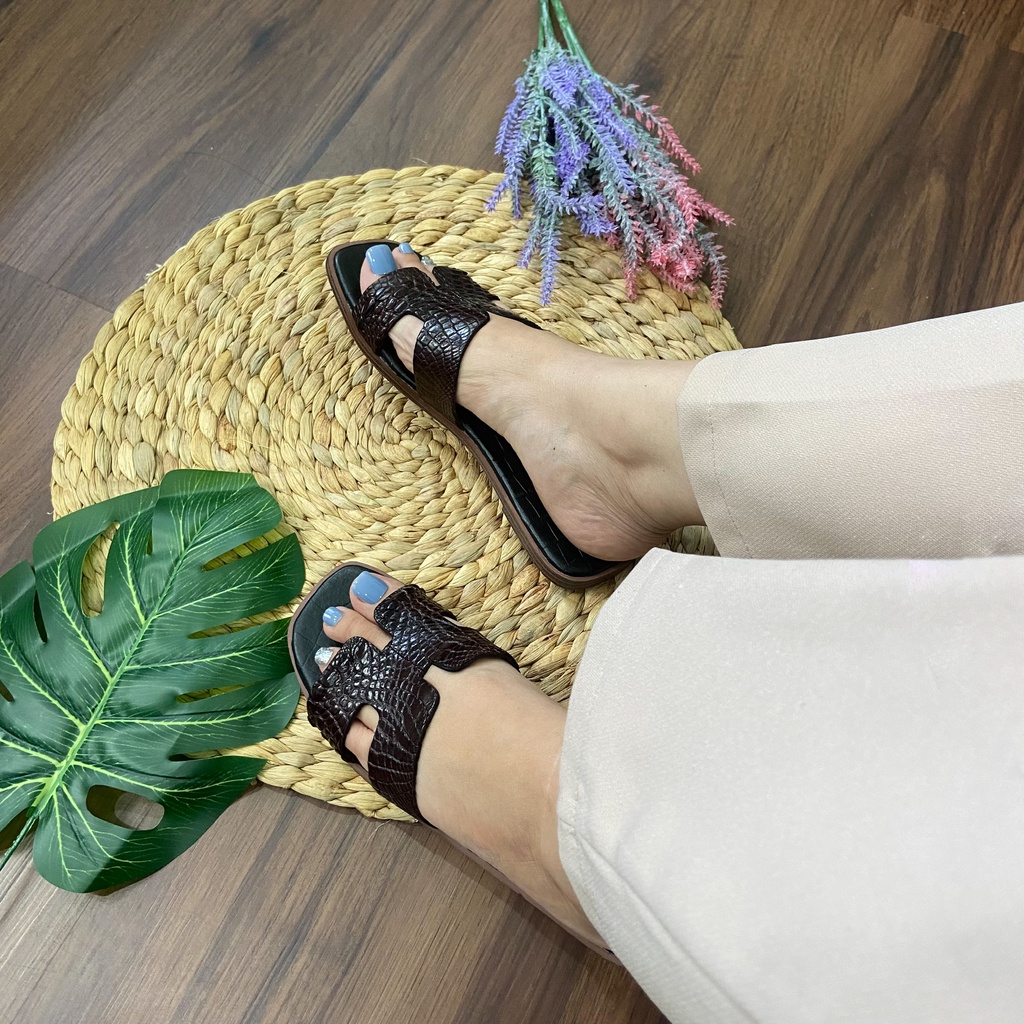 Giày cao gót chữ H đế vuông 5cm  màu đen và nâu da cá sấu thật |Giày nữ da cá sấu | BẢO HÀNG 12 THÁNG