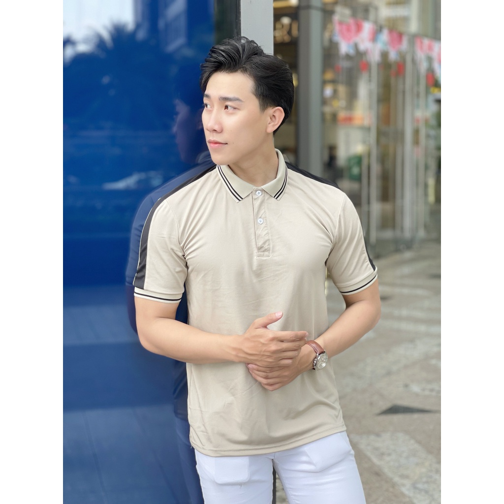 Áo thun polo nam cao cấp trơn tay ngắn phối sọc vai cam đen, chất poly cá sấu, sang trọng tinh tế