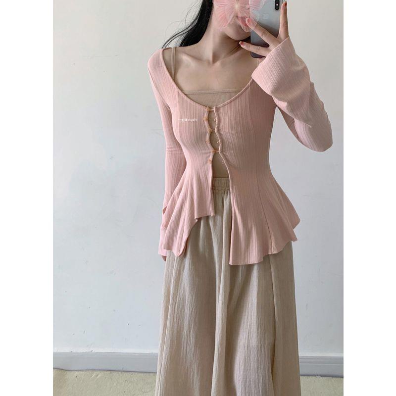 Áo Sơ Mi Tay Loe Ôm Eo Thiết Kế Bất Đối Xứng Viền Nhẹ Nhàng Phong Cách Hàn Quốc Cho Nữ