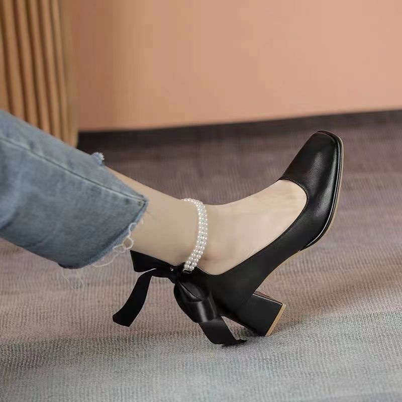 Giày cao gót thời trang phù dâu bít mũi ruy băng dép cao gót