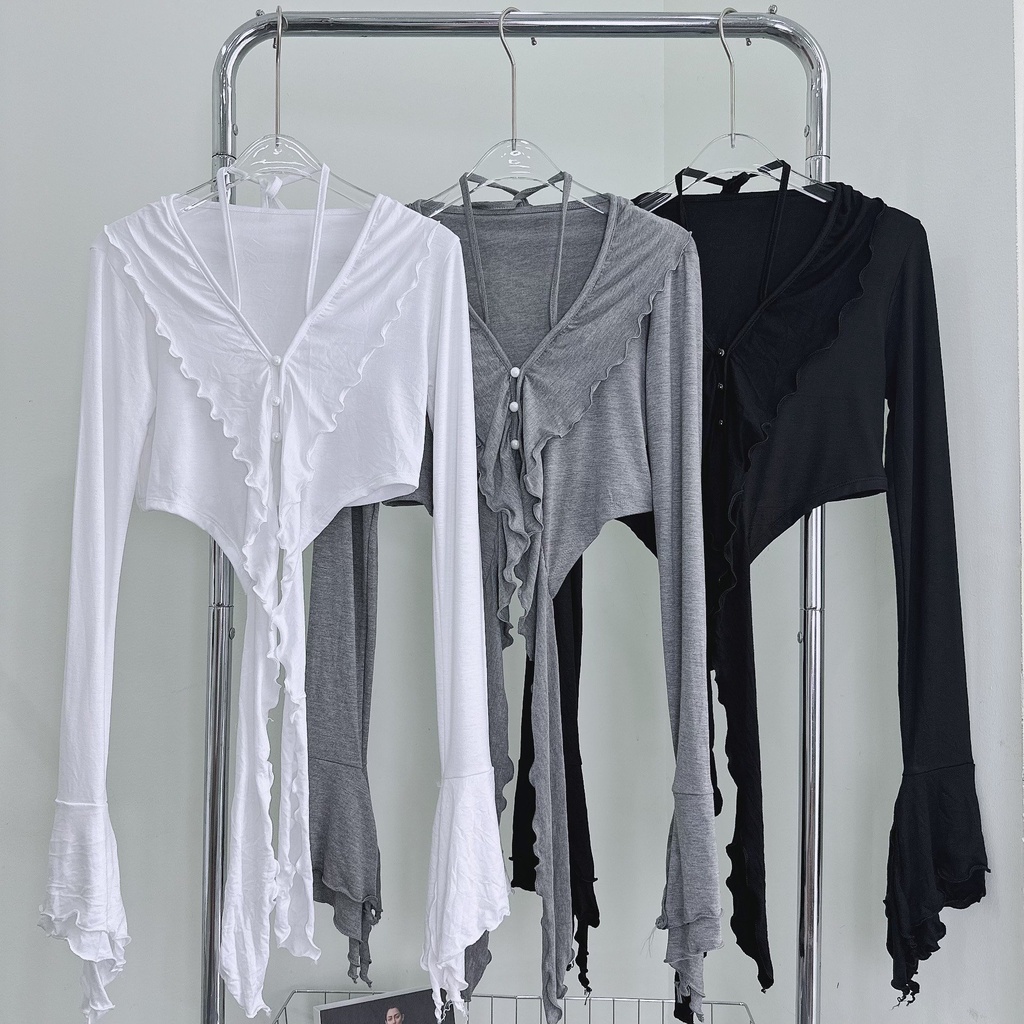 Áo thun croptop tay dài loe cổ viền bèo dây kiểu tua rua thắt eo 612 FIORI STORE