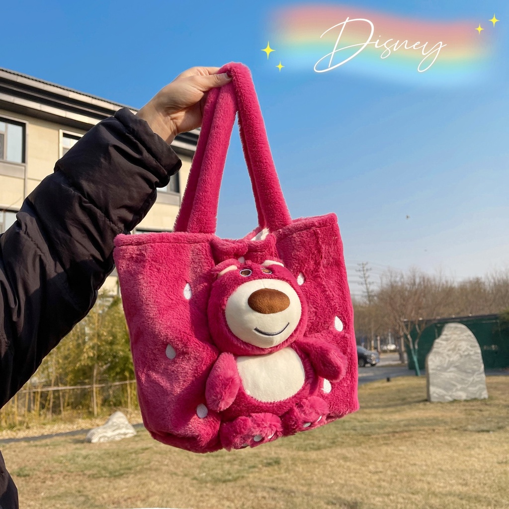 Túi tote Gấu Dâu nhồi bông khóa bấm dễ thương, Túi xách đeo vai nữ Gấu Lotso trendy _ Ting Ting