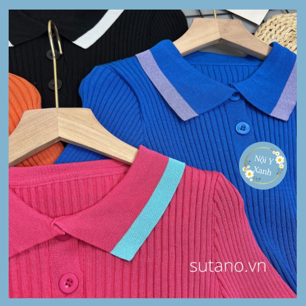 áo thun phông gân len nữ mongtoghi ngắn tay croptop cổ phối viền cá tính Nội Y Xanh