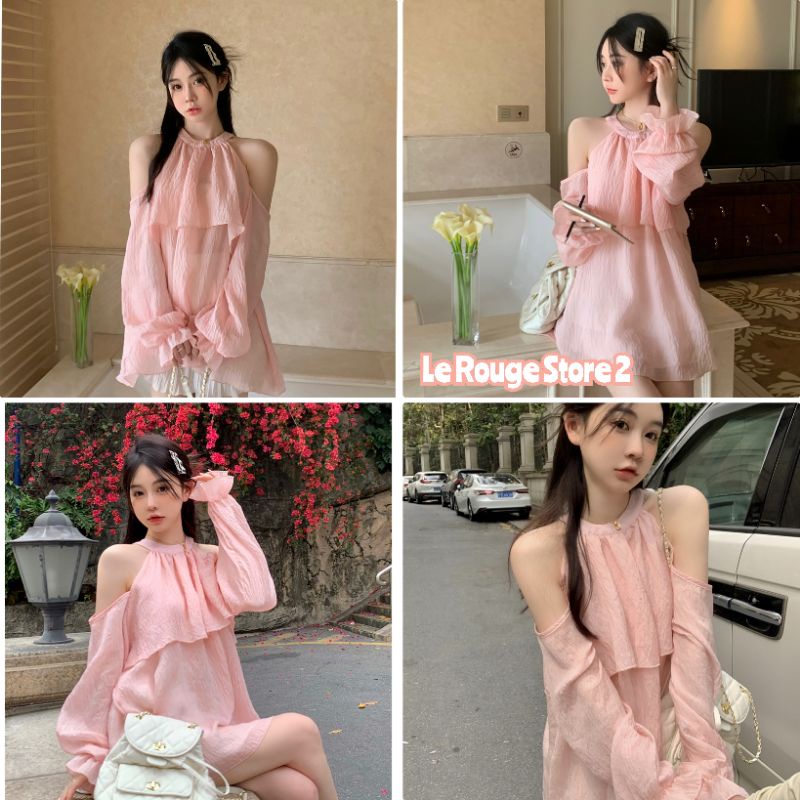(ORDER) Áo kiểu blouse nữ hở vai cổ yến màu hồng đào xinh xắn kiểu Hàn Quốc