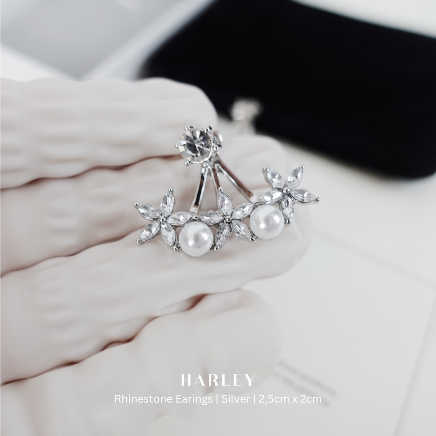 Bông tai đi tiệc ✨đính đá và hạt hình cánh quạt✨ màu bạc phong cách Hàn Quốc sang trọng thanh lịch, Harley Jewelry