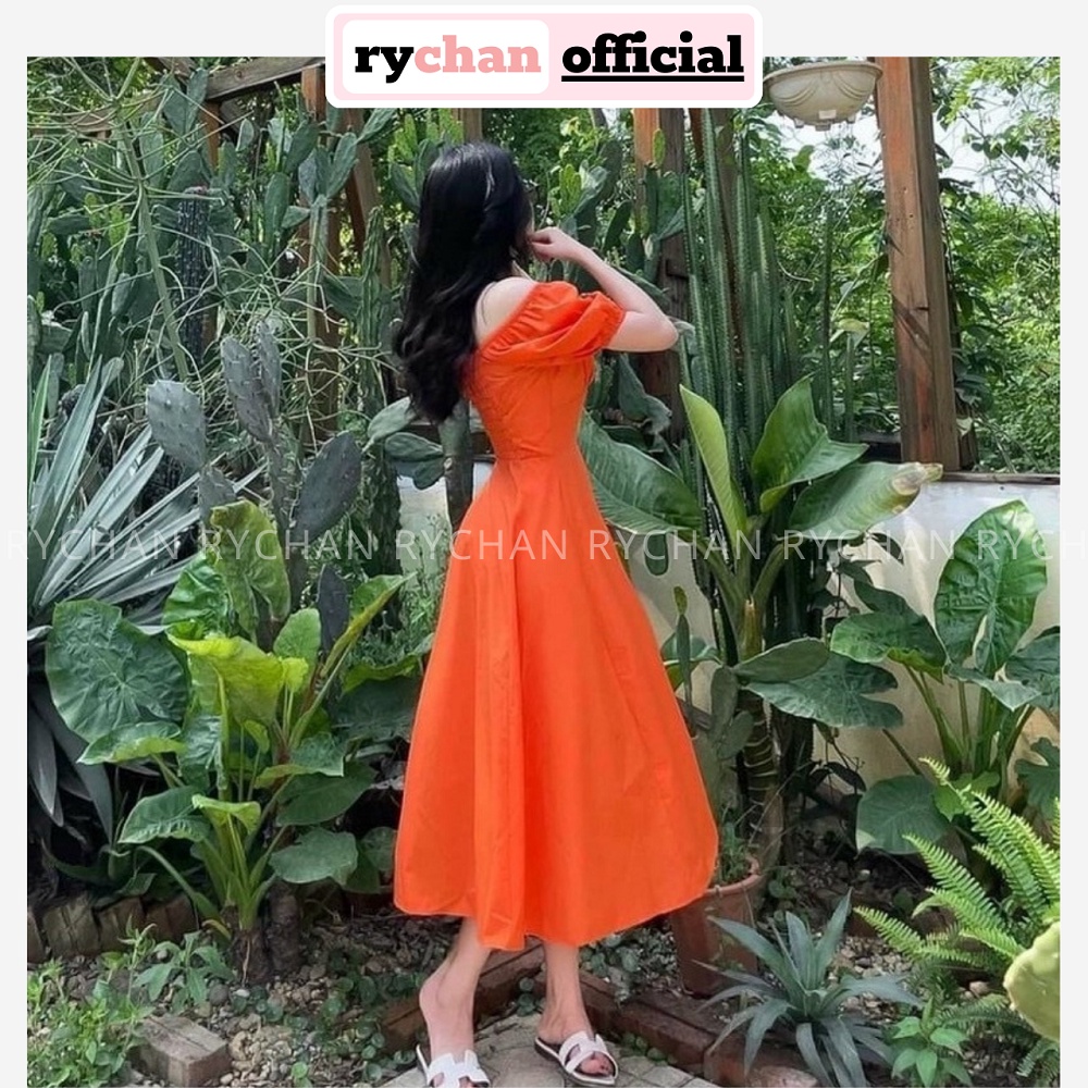 Đầm Nữ Trễ Vai Tay Ngắn Nhúng Ngực Nút Bọc Xẻ Tà Quyến Rũ, Đầm Nữ Đi Tiệc Form Dài Dáng Xòe Sexy Màu Cam - DX376