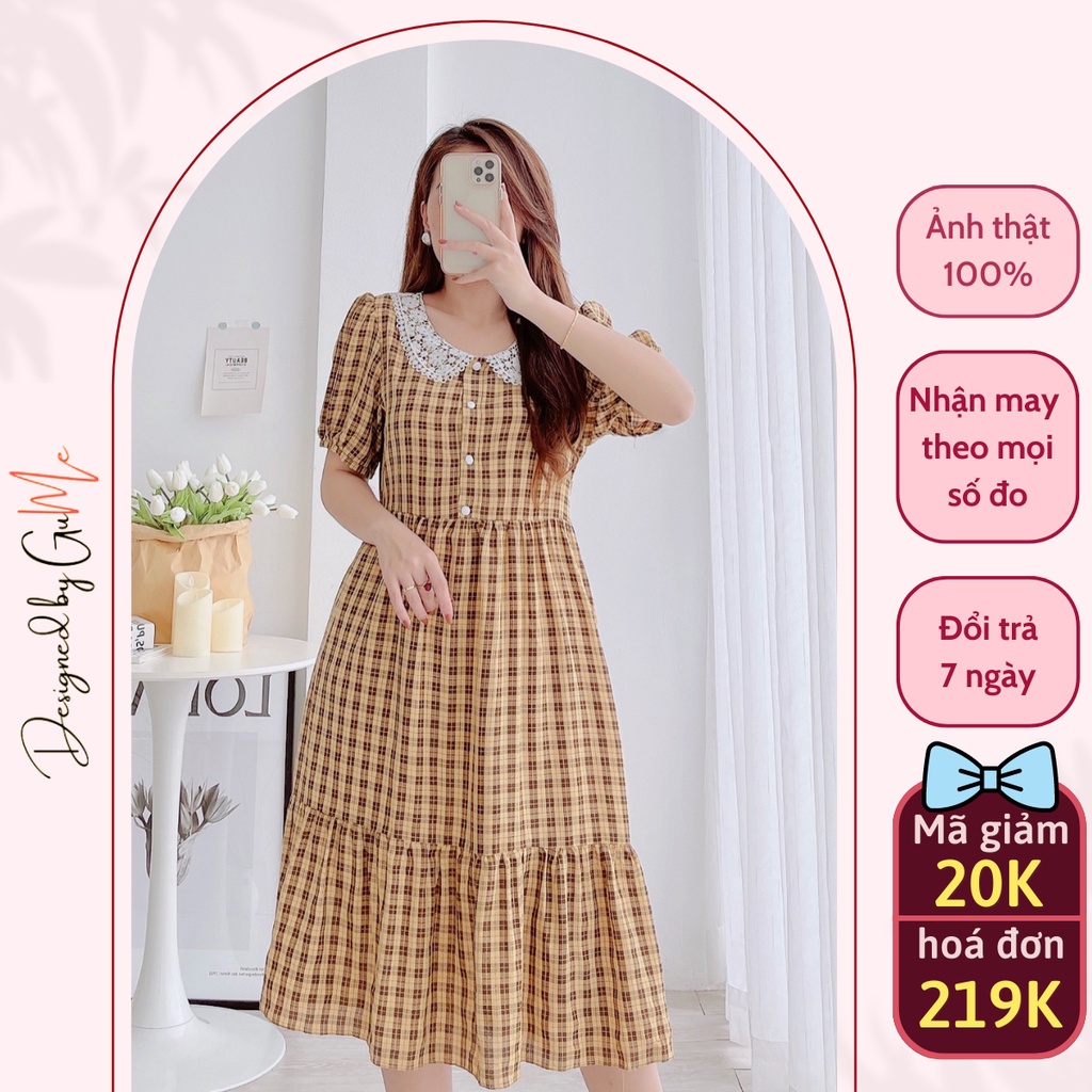 Váy bầu bigsize - Đầm bầu thiết kế GuMe kẻ vàng đuổi cá 3 tầng cổ ren dáng A size từ 40-100kg  MB231- ảnh thật