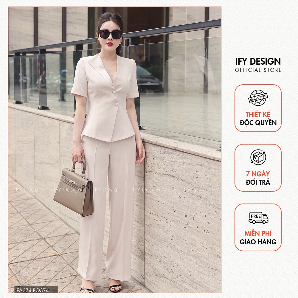 Set áo vest công sở dáng ôm ngắn tay nữ, quần dài ống suông khóa sườn cao cấp thương hiệu IFY - FS374