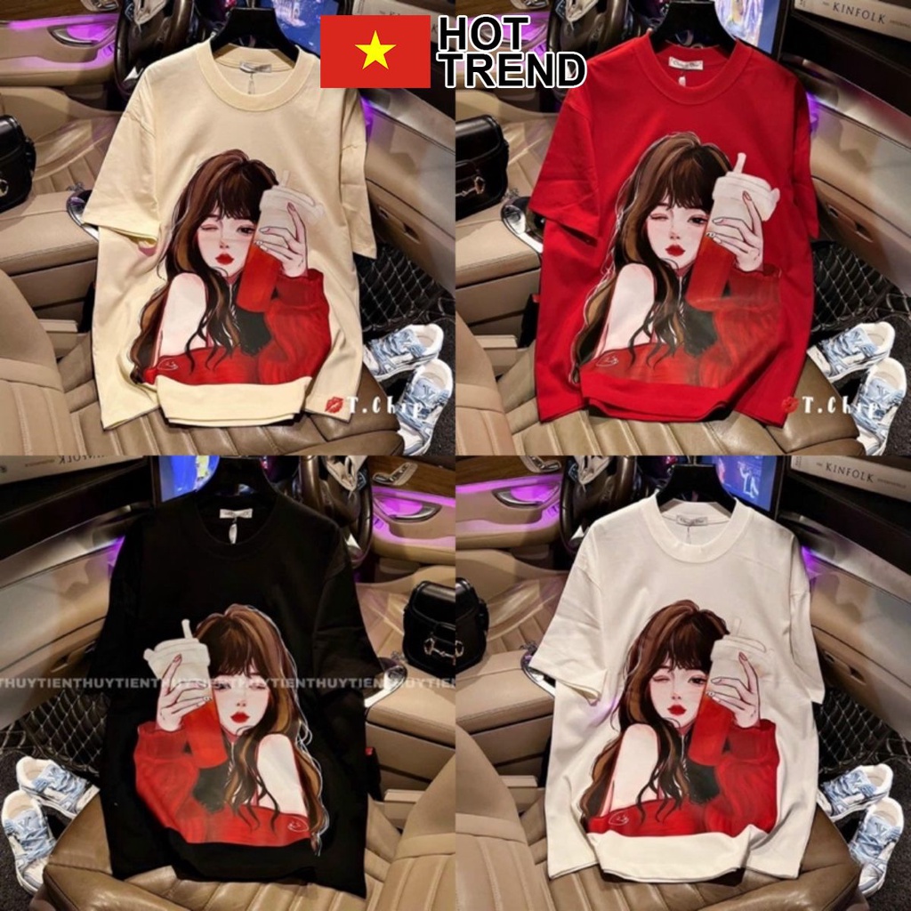 Áo Thun Tay Lỡ Cô Gái Áo Đỏ Cốc Nước HOTTREND - Áo phông nữ freesize form rộng 65kg chất cotton mềm mát