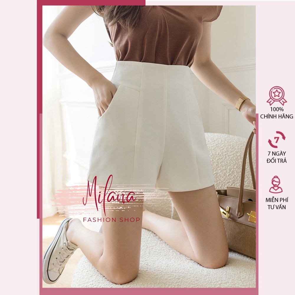 Quần Short Nữ , Quần Đùi Ống Rộng Cạp Cao Màu Đen Màu Trắng Vải Tuyết Mưa Không Nhăn Phong Cách Hang Quốc Công Sở